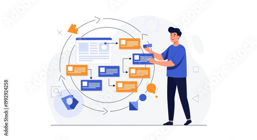 Man working with flowchart, business process, workflow, project management, strategy