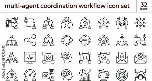 Multi agent coordination workflow outline icon set collaboration communication orchestration automation network analytics interface vector collection toolkit