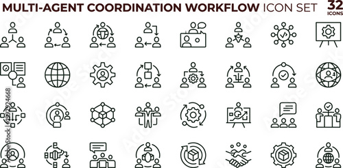 Multi agent coordination workflow outline icon set collaboration orchestration automation network management interface vector collection toolkit