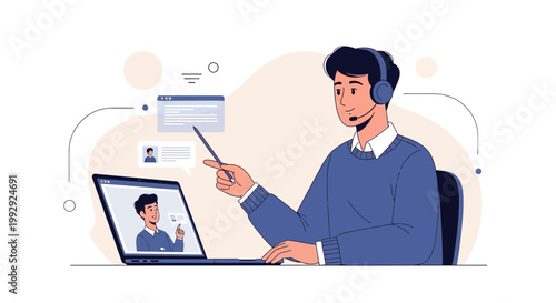 Online Education: Man with Headset Teaching via Laptop, Virtual Classroom Concept