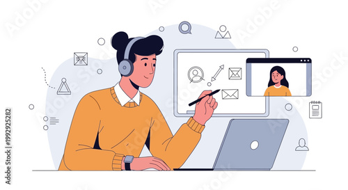 Online Learning: Student with Headphones and Laptop, Video Call, Digital Education