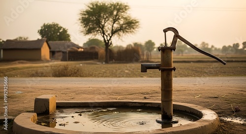 Old hand water pump stands near road in rural village at sunset