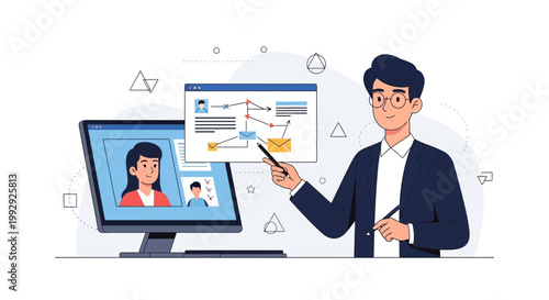 Online meeting with presentation: man teaching remotely via video conference on computer screen.