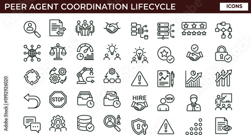 Peer agent coordination lifecycle outline icon set collaboration workflow communication evaluation performance management interface vector collection toolkit