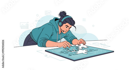 Person wearing headset assembling puzzle, representing problem-solving and strategy