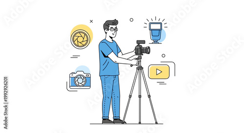 Photographer with Camera on Tripod, Video Play Icon, Flash, Aperture, and Lens Symbols