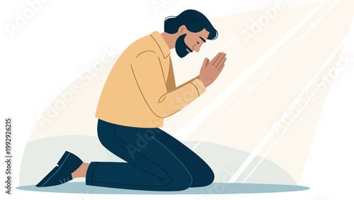 A man kneeling in prayer with his hands clasped together in a serene and peaceful moment