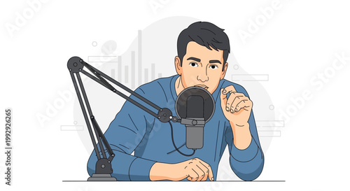 Podcaster Speaking into Microphone with Sound Waves Background