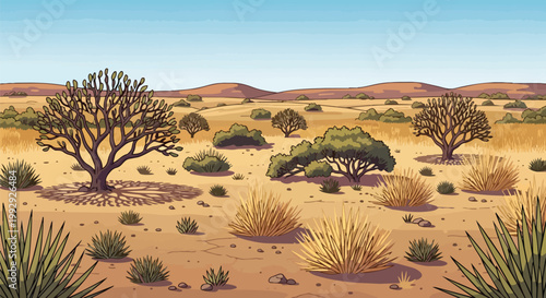 Dry Desert Landscape Illustration with Arid Vegetation Sparse Trees and Clear Blue Sky
