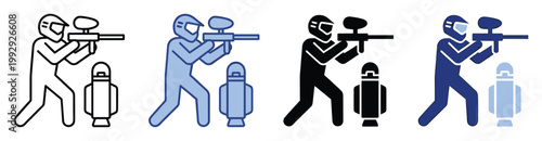 Paintball player with a paintball gun aiming at a target for sport activity and recreational game promotions