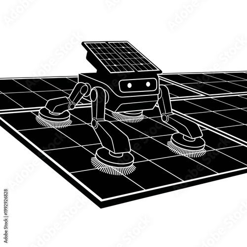 Solar robot, robotic vacuum cleaner, futuristic bot, black and white vector