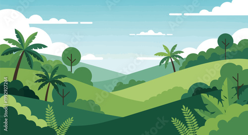 Flat Vector Tropical Landscape Illustration with Green Rolling Hills and Palm Trees