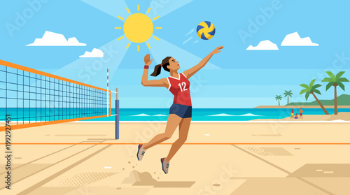 Woman playing volleyball on a sunny beach.