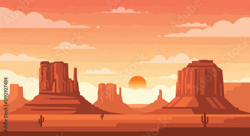 Flat Design Vector Illustration of a Desert Landscape with Red Rock Formations Cacti and Vibrant Sunset