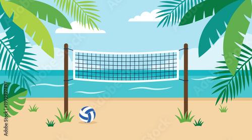 Beach volleyball court with palm trees.