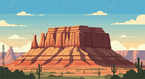 Desert Mesa Landscape Flat Vector Illustration with Saguaro Cactus and Red Rock Formations under a Blue Sky
