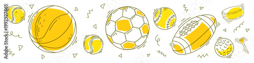 Sports balls line art set, vector icons of soccer, basketball, rugby and baseball. Icons collection of american football, tennis, hockey puck and golf ball for team competition and game championship