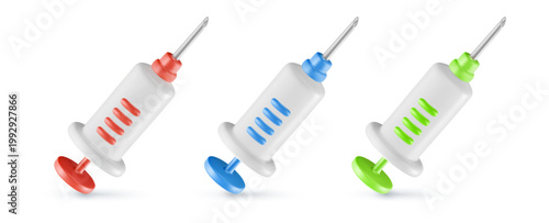 3d medical syringe set, vector realistic plastic syringes with needles in different colors for vaccination and beauty treatment. Injection tools for healthcare and vaccine