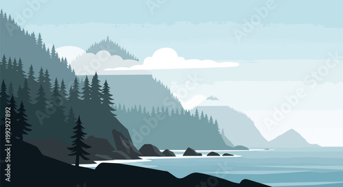 Minimalist Vector Illustration of Misty Coastal Mountains with Pine Trees and Ocean Cliffs