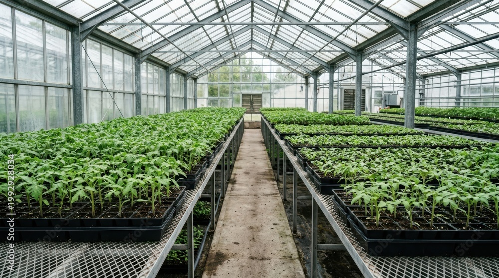 Fototapeta premium Rows of young tomato seedlings growing in a commercial greenhouse