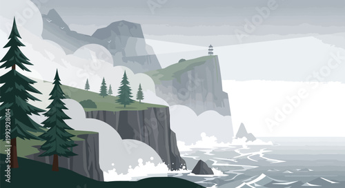 Atmospheric Coastal Landscape Vector with Lighthouse on Cliff Pine Trees and Misty Sea Waves Illustration