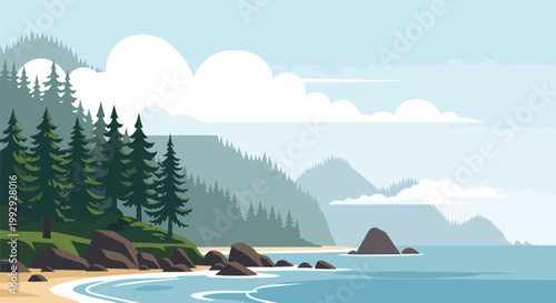 Flat Design Coastal Landscape Vector Illustration of a Scenic Rocky Beach with Pine Forest and Misty Mountains