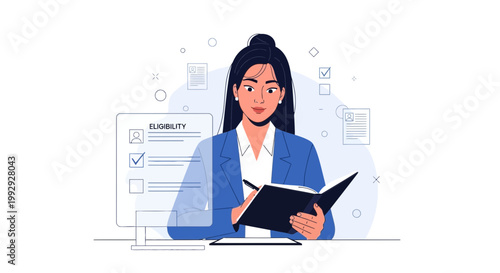Businesswoman reviewing eligibility criteria and making notes in a notebook