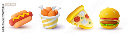 3d fast food combo set, vector icons of cheeseburger, hot dog, fried chicken legs bucket and pizza slice with pepperoni and mushrooms for restaurant menu and food delivery