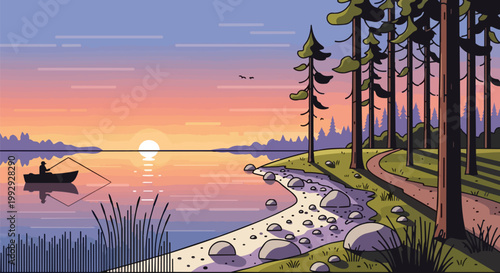 Peaceful Sunset Illustration of a Fisherman in a Rowboat on a Calm Lake with Pine Forest Shoreline and Walking Trail