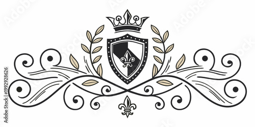 Elegant heraldic shield with crown and laurel leaves, vector