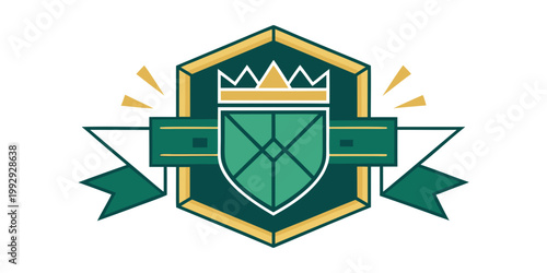 Medieval style heraldic shield with crown and ribbon, vector