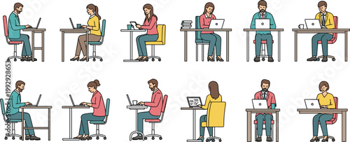 People working on laptops at desks vector illustration set, office workers in different poses, remote work, freelance and workplace activity collection