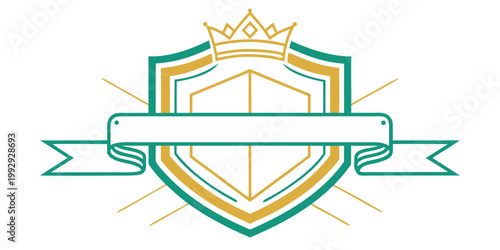 Heraldic shield with gold crown and teal ribbon banner, vector