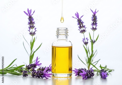 Lavender Essential Oil in Glass Bottle with Fresh Flowers