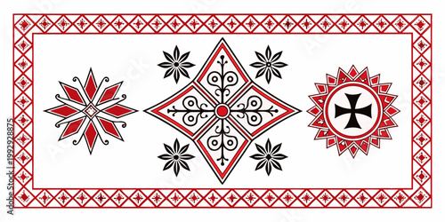Traditional ethnic ornaments and geometric folk patterns, vector
