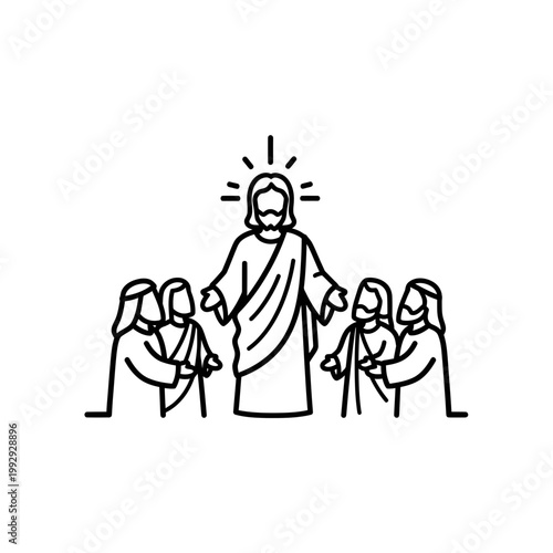 Jesus Christ with disciples biblical vector line art illustration