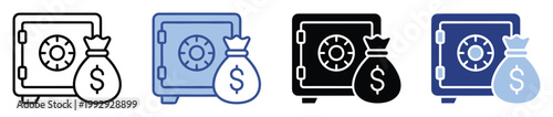 Safe box and money bag icon set symbolizing financial security and wealth management for banking and investment solutions