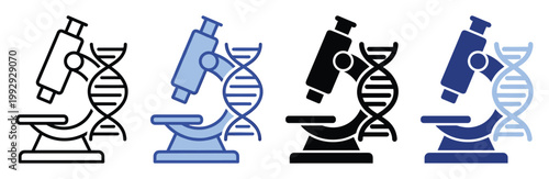 Microscope and DNA helix icon set symbolizing genetic research and biotechnology for educational or scientific applications