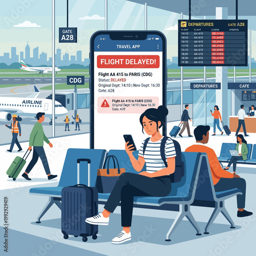 Frustrated traveler woman waiting for a delayed flight in a busy airport terminal gate illustration