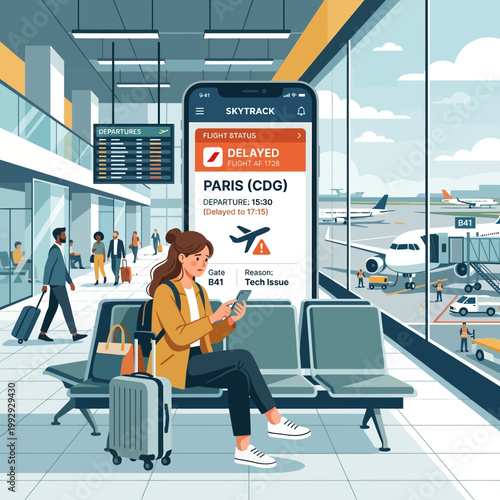 Frustrated Woman Traveler Reacting to Delayed Flight Notification in Airport Terminal Flat Vector