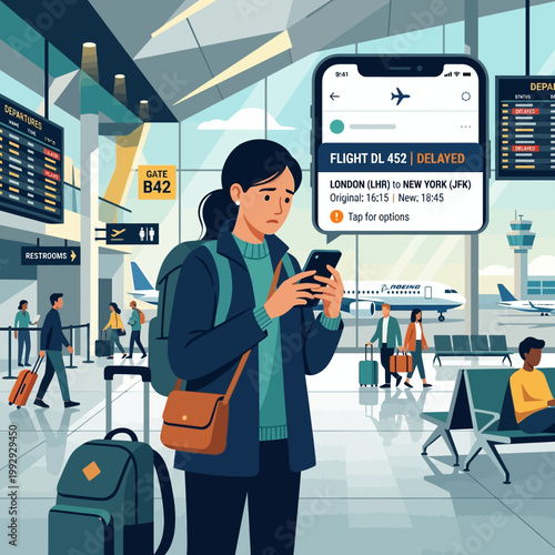 Concerned female traveler checking delayed flight status in airport terminal vector illustration