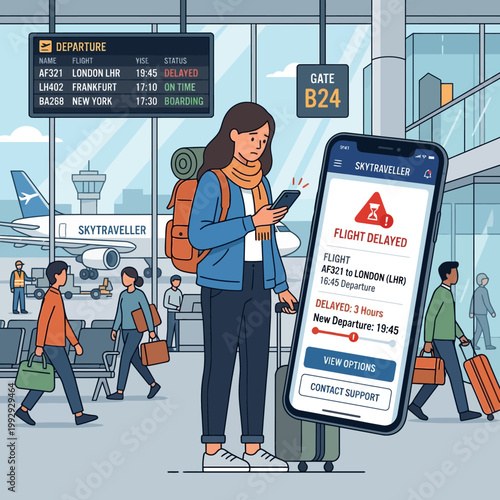 Young traveler checking flight delay notification on smartphone in airport terminal vector illustration