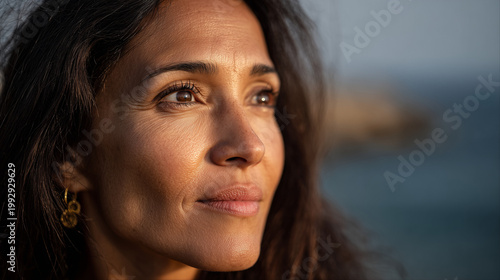 Beautiful woman with natural look enjoying golden hour light on the coast