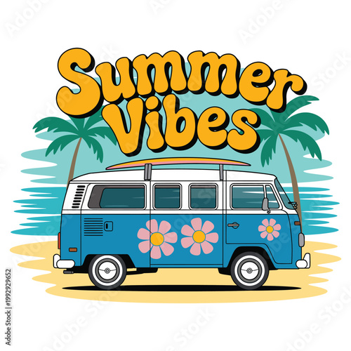 Retro Summer Vibes Illustration with Vintage Surf Van, Palm Trees, and Tropical Beach Background