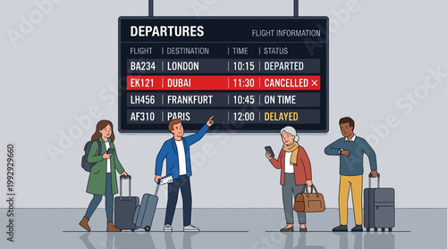 Frustrated Passengers Reacting to Cancelled Flight at Airport Terminal Departure Board Vector Illustration