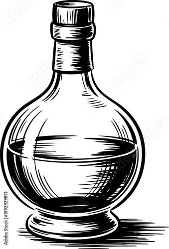round glass bottle with liquid inside and cork stopper, vintage container illustration