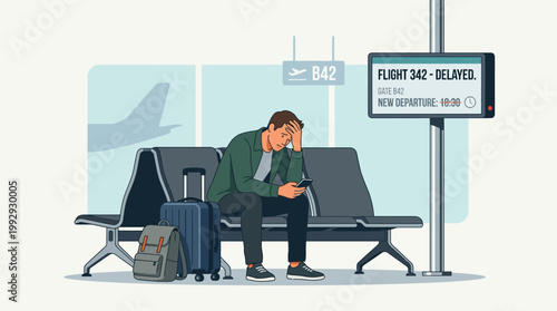 Frustrated male traveler waiting with luggage for a delayed flight in an airport terminal, flat vector illustration.