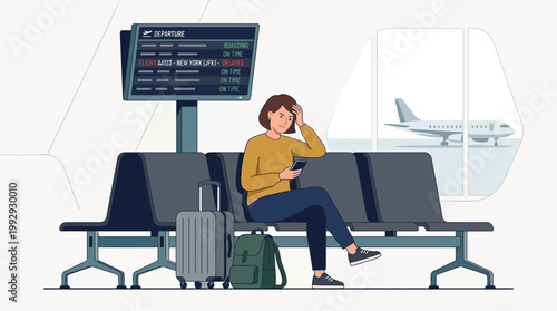 Frustrated female traveler waiting in airport lounge for delayed flight flat vector illustration.