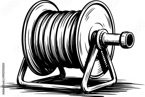 Metal hose reel with coiled garden hose, equipment for watering and outdoor maintenance tasks