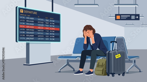 Frustrated female traveler sitting at airport terminal with delayed flight board, clean vector illustration.